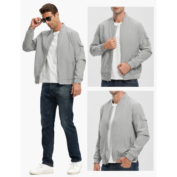 🆕 Men Grey Lightweight Bomber Jacket Casual Windbreaker Flight Golf Spring Coat - Picture 7 of 7